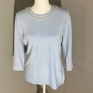 Light Blue Pearl-Embellished Women's 3/4 Sleeve Sweater